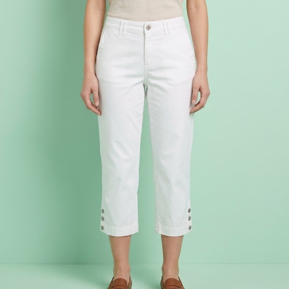 Gloria Vanderbilt Khaki Unltd White Button Hem Crop Pants Womens 6 EUC